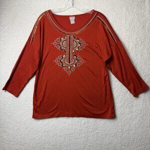 Chico's Embroidered Burnt Orange Boho 3/4‎ Sleeve Shirt Sequins Women's Size 1 R